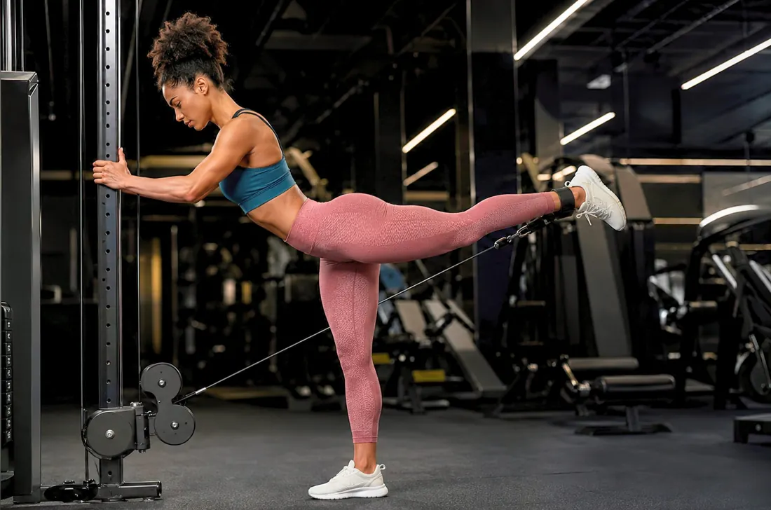 A controlled standing leg extension using cable resistance