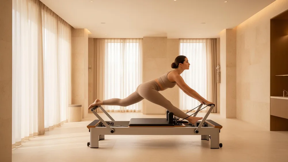 A spring-supported movement practice on a reformer in a warm, light-filled setting
